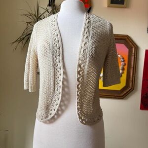 Charter Club Cream Lace-Trim Short Sleeve Crochet Cardigan